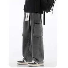 Calça jeans cargo com bolsa lateral boca larga material grosso premiun juvenil