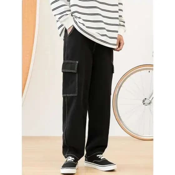 Calça jeans cargo xmasculino feminina unissex jovenil com bolsa lateral sem punho no perna tendências modernas premiun