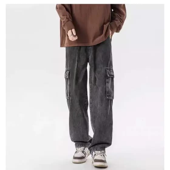 Calça cargo jeans unissex juvenil moda hot tendência com cintura no centura fechamento de cordão lavagem deferente chiqu