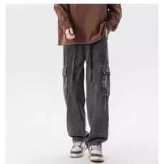 Calça cargo jeans unissex juvenil moda hot tendência com cintura no centura fechamento de cordão lavagem deferente chiqu