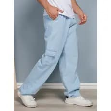 Calça cargo jeans unissex com bolsa lateral perna larga Bolso de grande capacidade