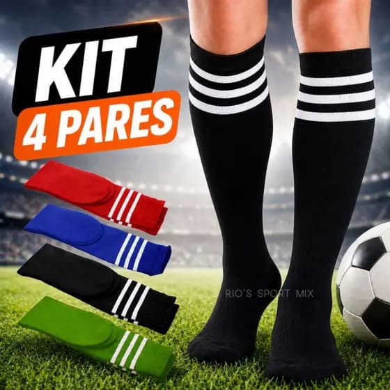 Kit 4 Pares de Meião de Futebol Cano Alto Listras Meia Jogador Time Adulto