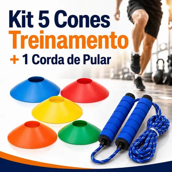 Corda de Pular + 05 Cones Tartarugas Cone Chinês Treino Funcional Fitness