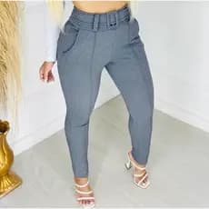 Calça Com Cinto Forrado Fake Malha Crepe Cintura Alta estilo social