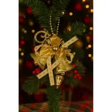 Enfeite de Natal Dourado com Laços, Sinos e Pinha Decorativos 24cm
