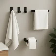 Kit Acessórios Para Banheiro Adesivo 4 Peças Preto Suporte Toalha Rosto Porta Papel Higiênico Gancho