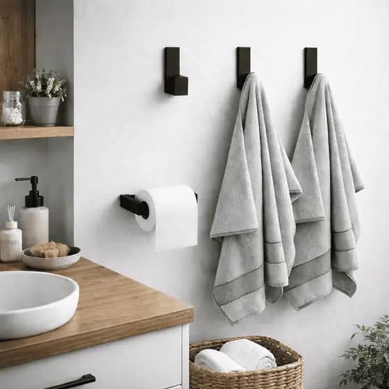 Suporte Porta Papel Higiênico Preto/Cinza Adesivo + Suporte Toalha Gancho Adesivo Preto/Cinza