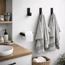 Suporte Porta Papel Higiênico Preto/Cinza Adesivo + Suporte Toalha Gancho Adesivo Preto/Cinza