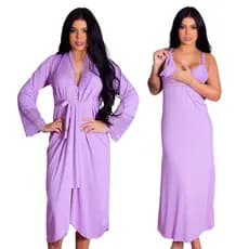 Kit  Robe Roupão e Camisola Amamentação Longos Pós Parto Liso Renda Gestante Maternidade