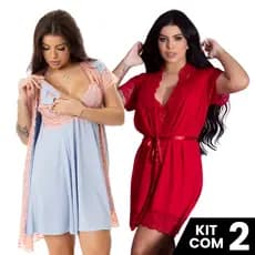 Kit 2 Camisolas Amamentação e 2 Robes Pós Parto Liso Com Renda Maternidade Gestante