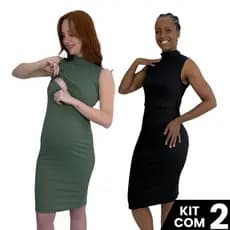 Kit 2 Vestidos Longos Canelado Amamentação Confortável Abertura Frontal Pós Parto Moda Gestante