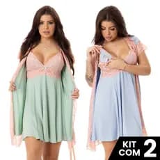 Kit 2 Robes Roupão e 2 Camisolas Amamentação Pós Parto Maternidade Roupa Gestante Confortável Estilo
