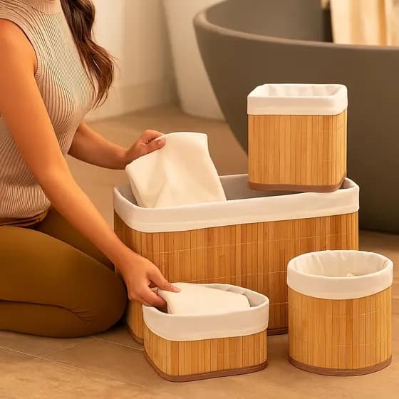 Conjunto 4 Cestos Organizadores Bambu Natural Multiuso Resistente Decorativo Cozinha Banheiro