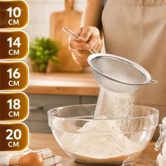 Peneira de Cozinha Aço Inox Profissional 10cm 14cm 16cm 18cm 20cm Malha Alimento Resistente Macarrão