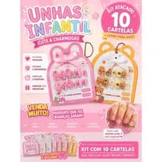 Unha postiça infantil 12 unidades colorida fácil uso kids ursinho capivara