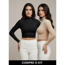 KIT 2 Cropped Segunda Pele Manga Longa Gola Alta Slim Confortável