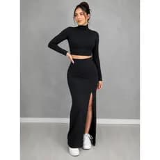 Conjunto Feminino Cropped Manga Longa Gola Alta e Saia Mid Cintura Alta Suplex Premium Casual Chique