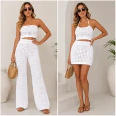 Kit Conjunto Calça + Saia Tricô Saída De Praia Ou Piscina Furadinha Estilo Verão Elegante Premium