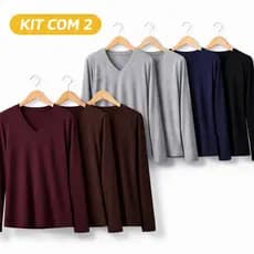 Kit 2 Blusa Visolycra  Lisa Manga Longa Gola V Plus Size Basica Confortável
