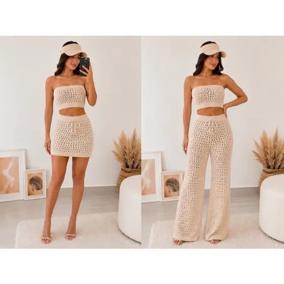 Kit Feminino Praia ou Piscina 3 Peças Tricô Saia Curta + Calça + Viseira Moda Verão Confortavel Premium Furadinha