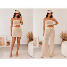 Kit Feminino Praia ou Piscina 3 Peças Tricô Saia Curta + Calça + Viseira Moda Verão Confortavel Premium Furadinha