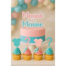 Kit Topo de Bolo Chá Revelação + 24 Apliques Menina Menino – Rosa e Azul – Festa Bebê Personalizada