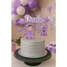 🎂🚀💖 Topo de Bolo Tema Espaço Roxo com Nome – Astronauta Menina Personalizado 🎂🚀💖
