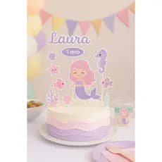 Topo de Bolo Sereia Personalizado • Festa Infantil • Tema Fundo do Mar • Papelaria Personalizada