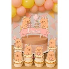 ENVIO IMEDIATO 🎂✨🐾💖 Kit Topo de Bolo e Toppers Capivara Fofinha– Capivara Fofinha Personalizado 🎂✨🐾💖
