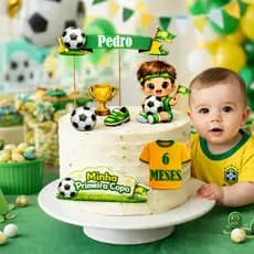 ENVIO IMEDIATO - Topo de Bolo Minha Primeira Copa Futebol – Topo Mesversário – Topper Futebol Baby