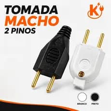 Tomada Macho Elétrica 2 Pinos Reforçada 10A Preto e Branco