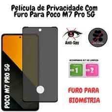 Película de Privacidade Vidro 3D Para Xiaomi Poco M7 Pro 5G - Com Furo Para Biometria