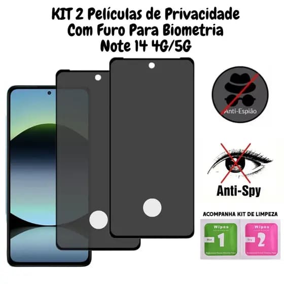 Kit Com 2 Películas de Privacidade Para Note 14 4G / 5G - Com Furo Para Biometria