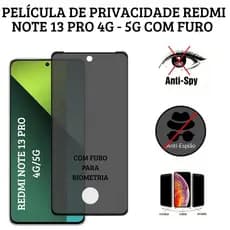 Película de Privacidade Vidro 3D Xiaomi Redmi Note 13  Pro 4G/5G Com Furo Para Biometria
