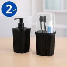 Porta Escova e Porta Sabonete Kit Banheiro Preto Cinza Metalizado PLASUTIL
