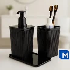 Kit Banheiro Completo Preto com Bandeja, Porta Sabonete Líquido e Porta Escova