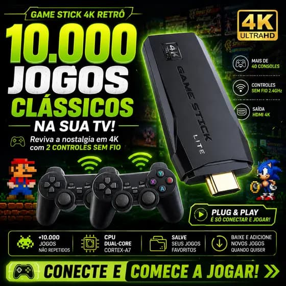 Game Stick 4K Retrô 10000 Jogos Console Retro HDMI Sem Fio 2 Controles Clássicos PS1 Atari
