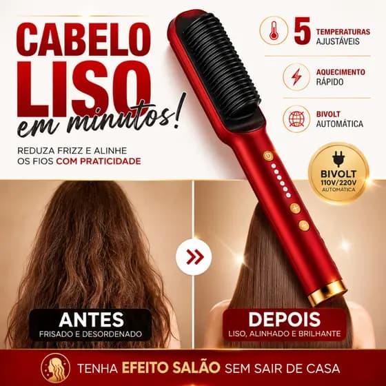 Escova Alisadora Elétrica Bivolt 5 em 1 Profissional Temperatura Ajustável Anti Frizz Vermelha