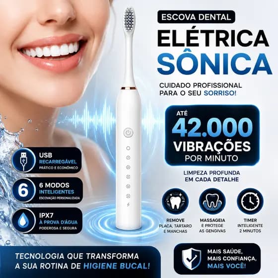 Escova Dental Elétrica Recarregável USB IPX7 6 Modos 4 Refis Sônica Ultrassônica