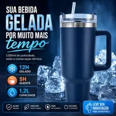 Copo Térmico 1200ml Inox com Alça e Canudo Caneca Térmica Grande Azul Marinho