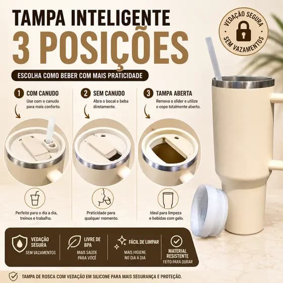 Copo Térmico Inox 1200ml com Alça e Canudo Tampa 3 Posições Bege