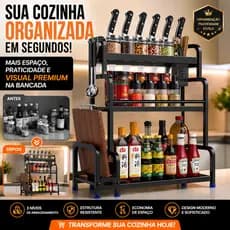 Organizador de Cozinha 3 Andares Multiuso Porta Temperos Facas e Tábua em Ferro