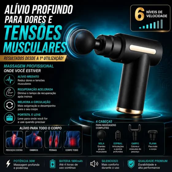Pistola Massageadora Elétrica Muscular Portátil 6 Velocidades Recarregável com 4 Acessórios