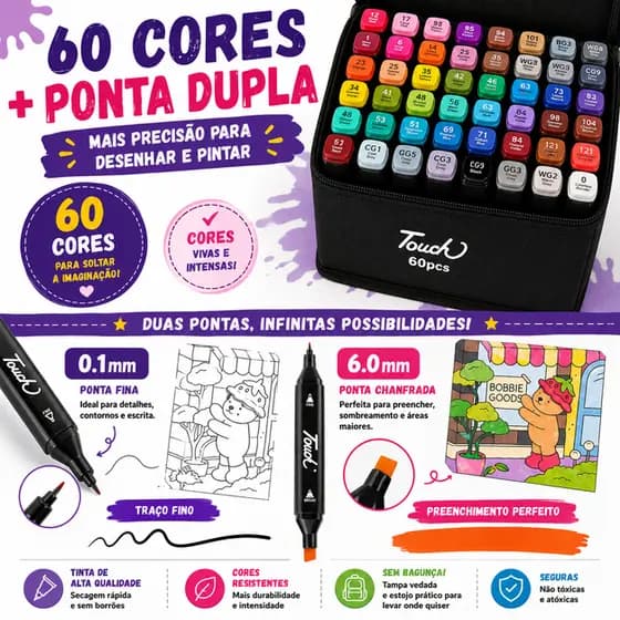 Livro de Colorir Urso na cor Roxo Kit 60 Canetas Dupla Ponta Estojo Infantil Educativo