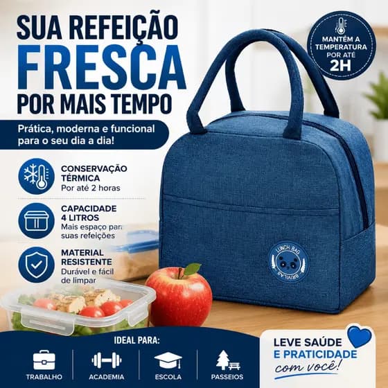 Bolsa Térmica Marmita Lancheira 4L com Bolso Lateral Alça Reforçada Trabalho Academia