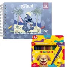 Kit caderno para colorir Stitch com giz de cera 12 cores