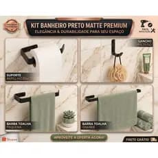 Kit 04 Peças Acessórios Para Banheiro Estilo Industrial Preto Quadrado