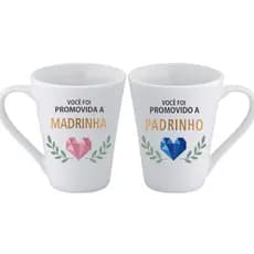 jogo 2 Canecas Porcelana Padrinhos Casamento Batizado Batismo Dindo e Dinda Madrinha e Padrinho