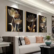 Quadro decorativo 3 peças 40x60  Abstrato preto flor dourada decoração para casa sala quarto
