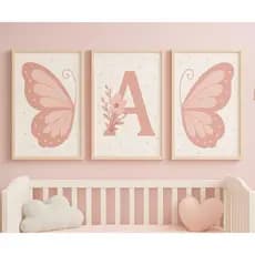 kit 3 plaquinhas infantil feminino asas de borboleta personalizado com letra nome p quarto de menina